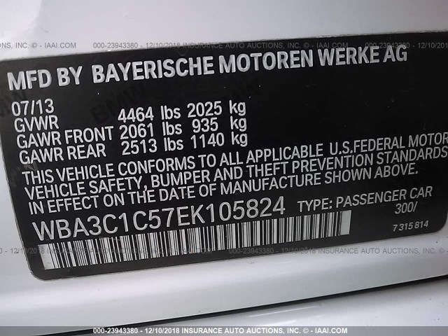 WBA3C1C57EK105824 - 2014 BMW 328 I SULEV WHITE photo 9