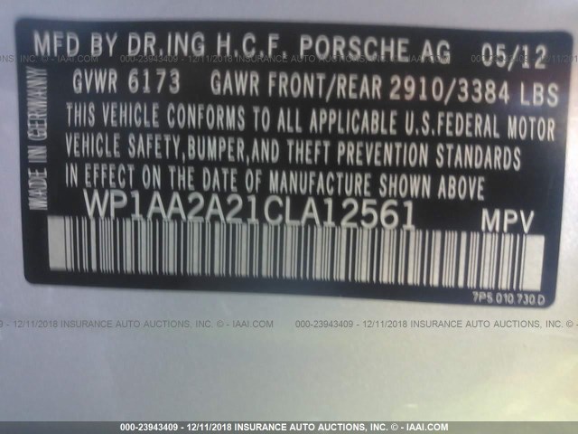 WP1AA2A21CLA12561 - 2012 PORSCHE CAYENNE SILVER photo 9