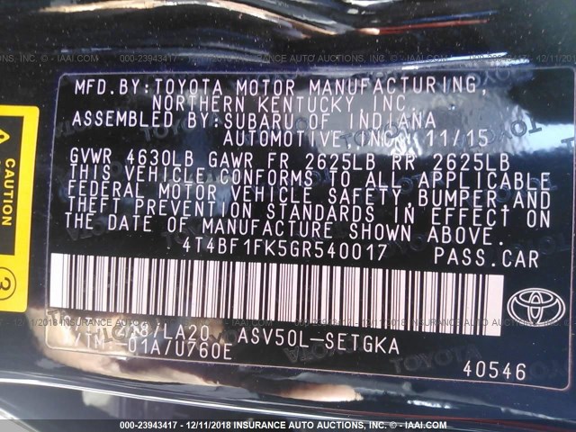 4T4BF1FK5GR540017 - 2016 TOYOTA CAMRY LE/XLE/SE/XSE BLACK photo 9