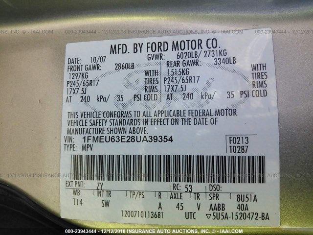 1FMEU63E28UA39354 - 2008 FORD EXPLORER XLT GRAY photo 9