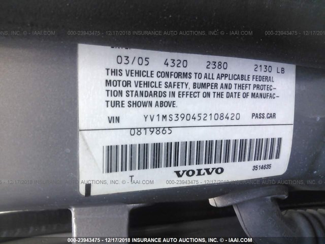 YV1MS390452108420 - 2005 VOLVO S40 2.4I GRAY photo 9