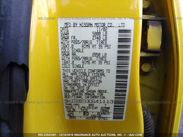 5N1ED28T13C641113 - 2003 NISSAN XTERRA XE/SE YELLOW photo 9