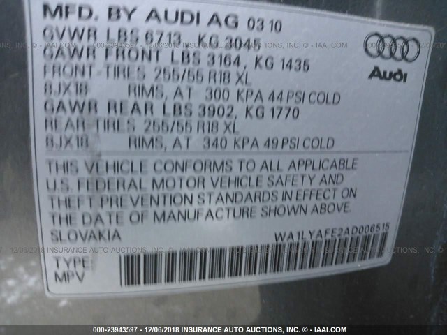 WA1LYAFE2AD006515 - 2010 AUDI Q7 PREMIUM PLUS GRAY photo 9