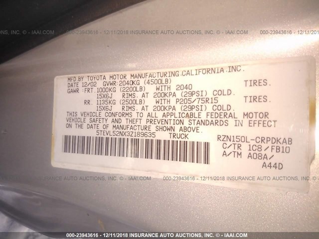 5TEVL52NX3Z189635 - 2003 TOYOTA TACOMA XTRACAB SILVER photo 9