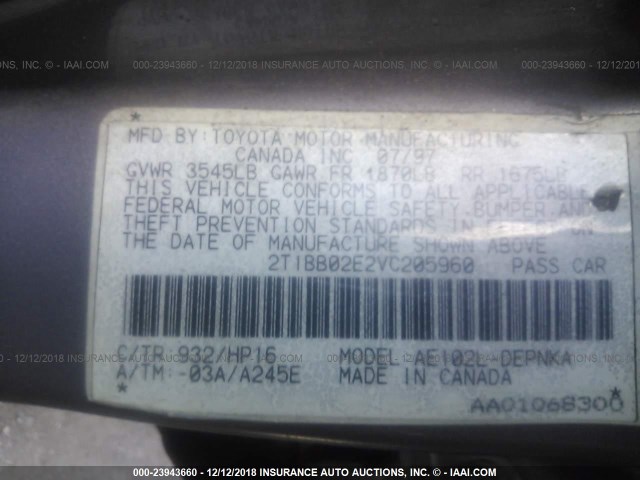 2T1BB02E2VC205960 - 1997 TOYOTA COROLLA DX BLACK photo 9