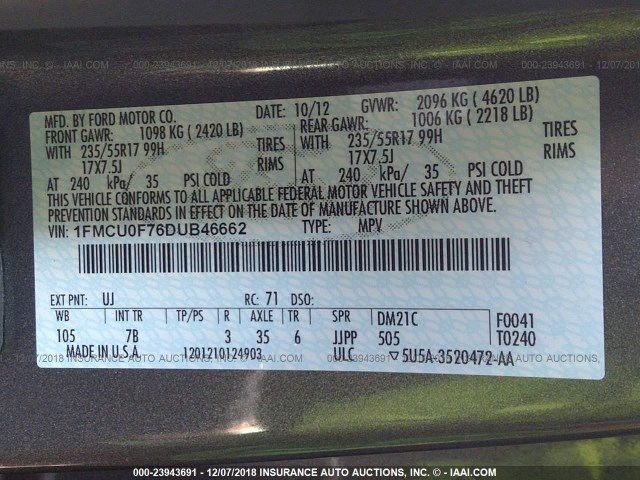 1FMCU0F76DUB46662 - 2013 FORD ESCAPE S GRAY photo 9