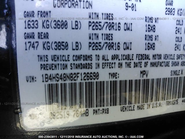 1B4HS48N82F126690 - 2002 DODGE DURANGO SLT BLACK photo 9