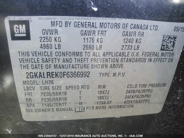 2GKALREK0F6366992 - 2015 GMC TERRAIN SLE GRAY photo 9