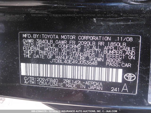 JTDBL40E49J053648 - 2009 TOYOTA COROLLA LE/XLE BLACK photo 9