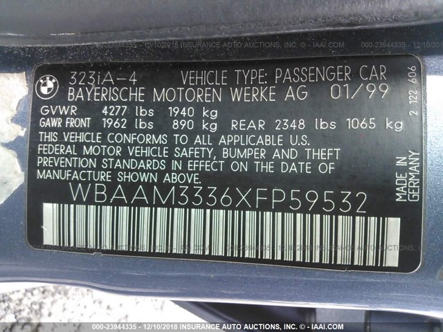 WBAAM3336XFP59532 - 1999 BMW 323 I AUTOMATIC Ашық көк фото 9