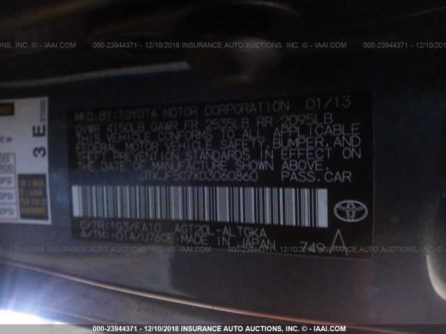 JTKJF5C7XD3060860 - 2013 TOYOTA SCION TC ნაცრისფერი ფოტო 9