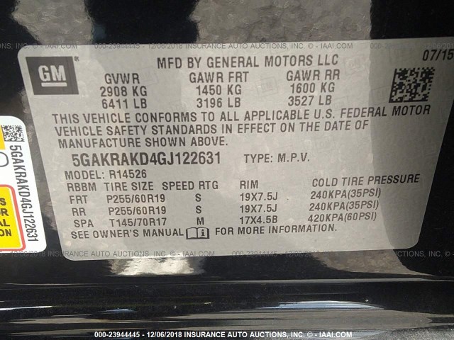 5GAKRAKD4GJ122631 - 2016 BUICK ENCLAVE BLACK photo 9