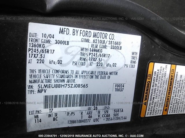 5LMEU88H75ZJ08565 - 2005 LINCOLN AVIATOR 灰色 照片 9