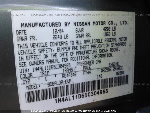 1N4AL11D65C304965 - 2005 NISSAN ALTIMA S/SL GREEN photo 9