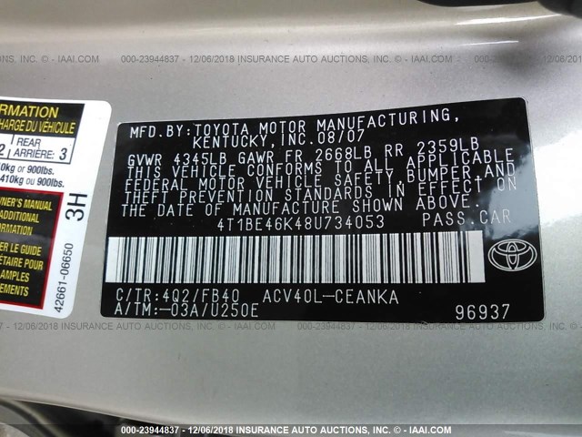 4T1BE46K48U734053 - 2008 TOYOTA CAMRY CE/LE/XLE/SE GOLD photo 9