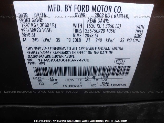 1FM5K8D88HGA74702 - 2017 FORD EXPLORER XLT ORANGE photo 9