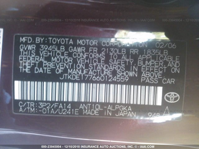 JTKDE177660124559 - 2006 TOYOTA SCION TC 栗色 照片 9
