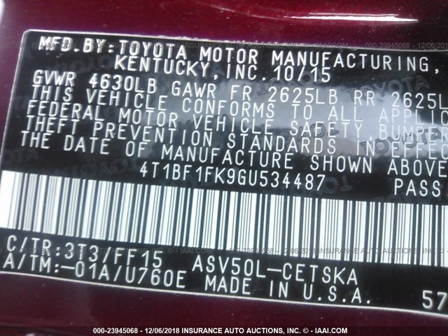 4T1BF1FK9GU534487 - 2016 TOYOTA CAMRY LE/XLE/SE/XSE RED photo 9