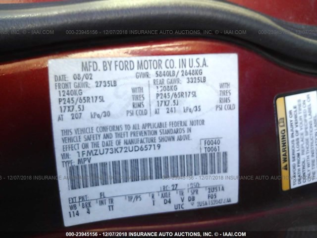 1FMZU73K72UD65719 - 2002 FORD EXPLORER XLT RED photo 9