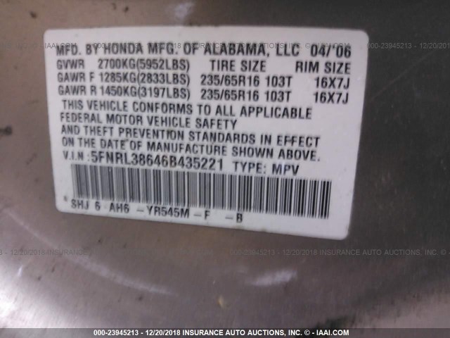 5FNRL38646B435221 - 2006 HONDA ODYSSEY EXL TAN photo 9