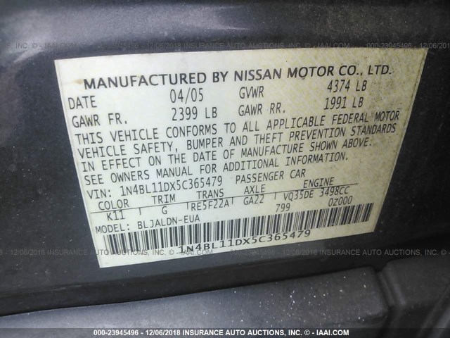 1N4BL11DX5C365479 - 2005 NISSAN ALTIMA SE/SL/SE-R GRAY photo 9