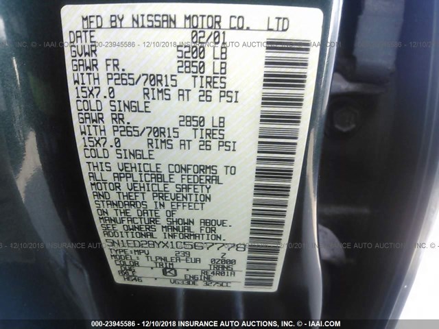 5N1ED28YX1C567778 - 2001 NISSAN XTERRA XE/SE GREEN photo 9