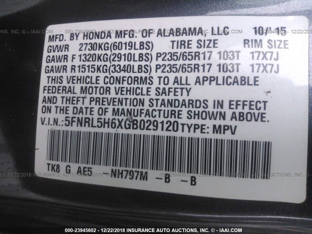 5FNRL5H6XGB029120 - 2016 HONDA ODYSSEY EXL GRAY photo 9