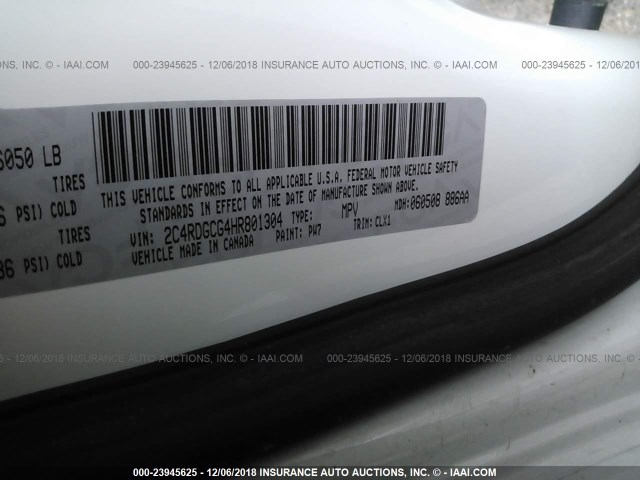 2C4RDGCG4HR801304 - 2017 DODGE GRAND CARAVAN SXT WHITE photo 9