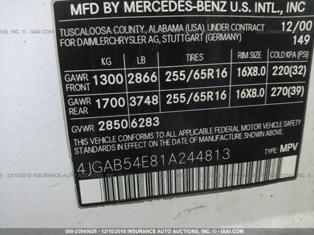 4JGAB54E81A244813 - 2001 MERCEDES-BENZ ML 320 WHITE photo 9