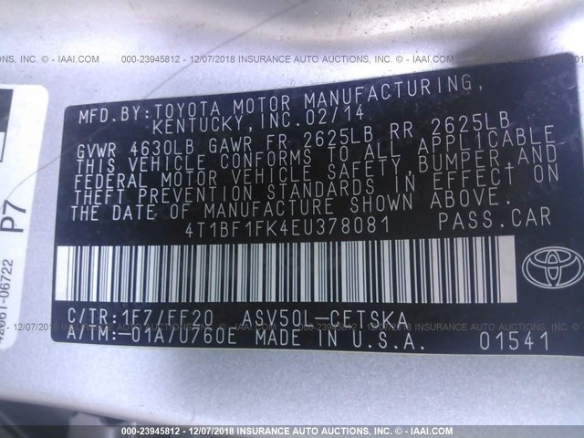 4T1BF1FK4EU378081 - 2014 TOYOTA CAMRY L/SE/LE/XLE 银色 照片 9