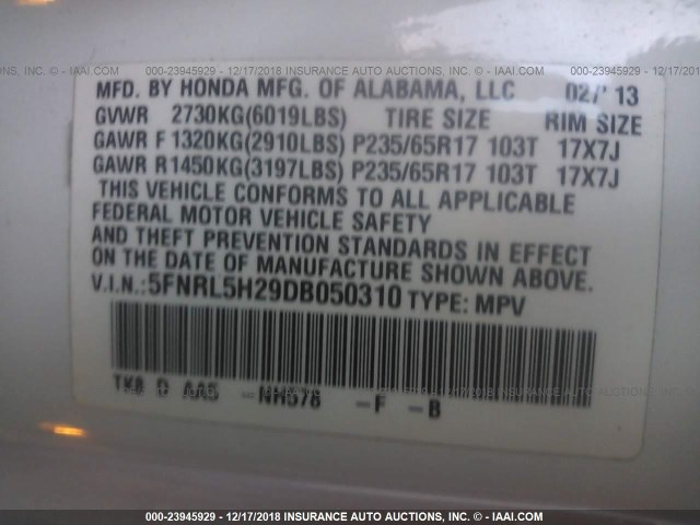 5FNRL5H29DB050310 - 2013 HONDA ODYSSEY LX WHITE photo 9