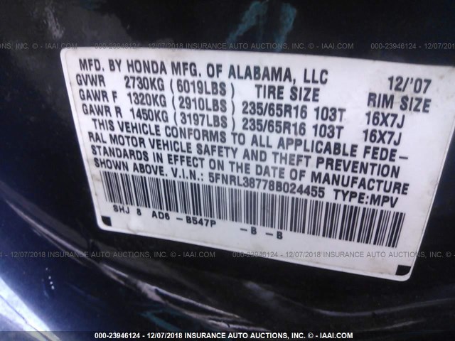 5FNRL38778B024455 - 2008 HONDA ODYSSEY EXL BLUE photo 9