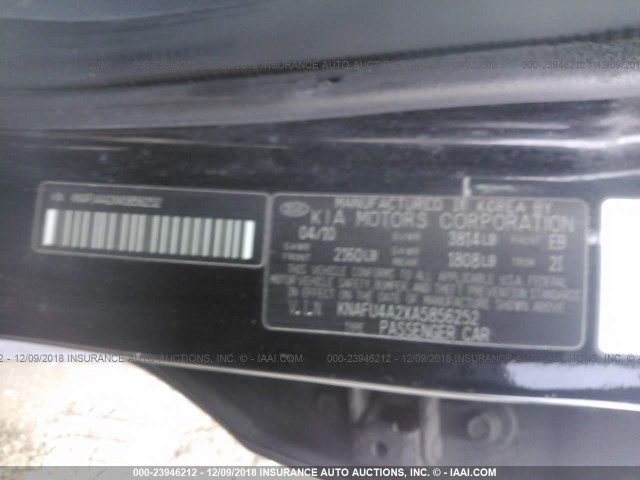 KNAFU4A2XA5856252 - 2010 KIA FORTE EX BLACK photo 9