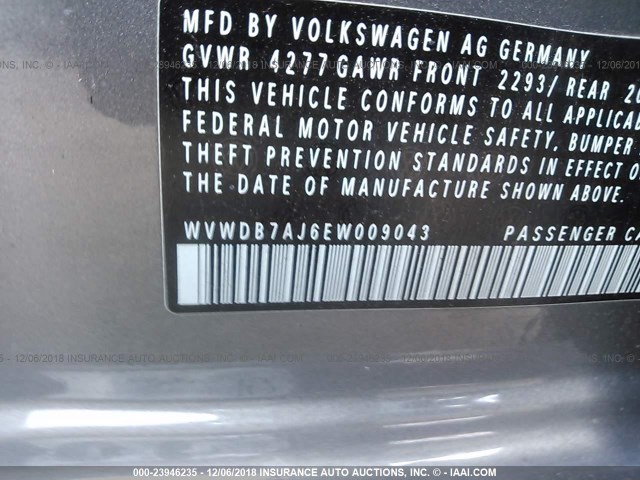 WVWDB7AJ6EW009043 - 2014 VOLKSWAGEN GOLF GRAY photo 9