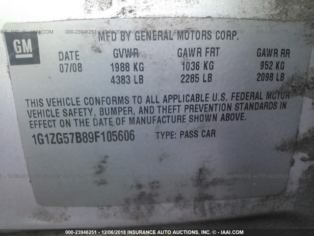 1G1ZG57B89F105606 - 2009 CHEVROLET MALIBU LS 银色 照片 9