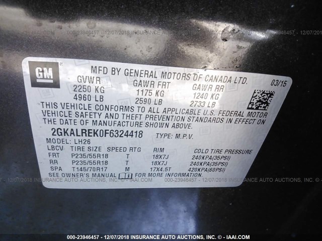 2GKALREK0F6324418 - 2015 GMC TERRAIN SLE GRAY photo 9