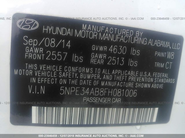 5NPE34AB8FH081006 - 2015 HYUNDAI SONATA SPORT/LIMITED WHITE photo 9