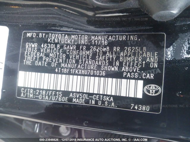 4T1BF1FKXHU701036 - 2017 TOYOTA CAMRY LE/XLE/SE/XSE BLACK photo 9