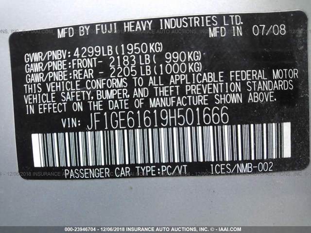 JF1GE61619H501666 - 2009 SUBARU IMPREZA 2.5I SILVER photo 9