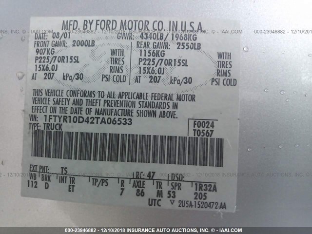 1FTYR10D42TA06533 - 2002 FORD RANGER SILVER photo 9