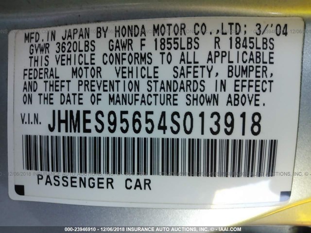 JHMES95654S013918 - 2004 HONDA CIVIC HYBRID BLUE photo 9