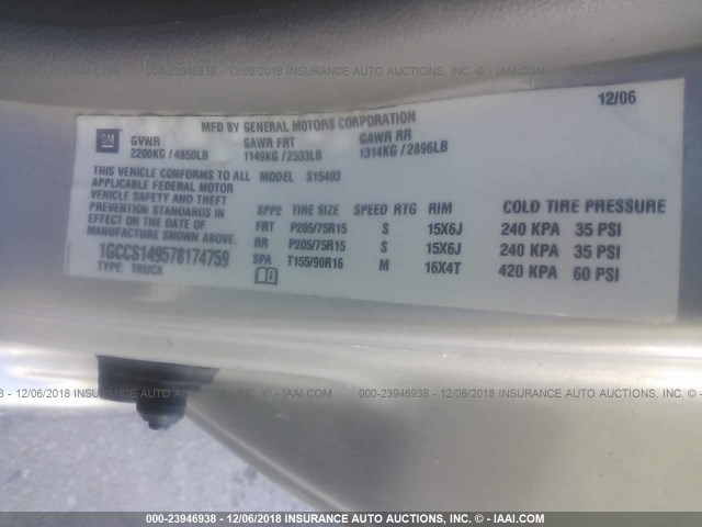 1GCCS149578174759 - 2007 CHEVROLET COLORADO SILVER photo 9