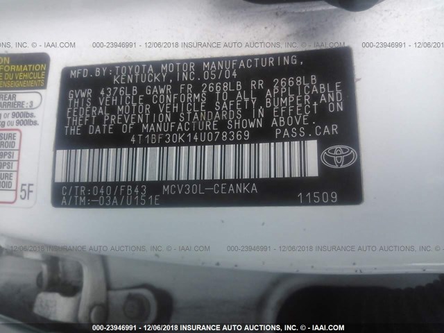 4T1BF30K14U078369 - 2004 TOYOTA CAMRY LE/XLE/SE WHITE photo 9