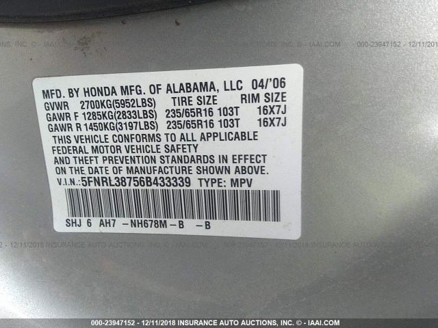 5FNRL38756B433339 - 2006 HONDA ODYSSEY EXL SILVER photo 9