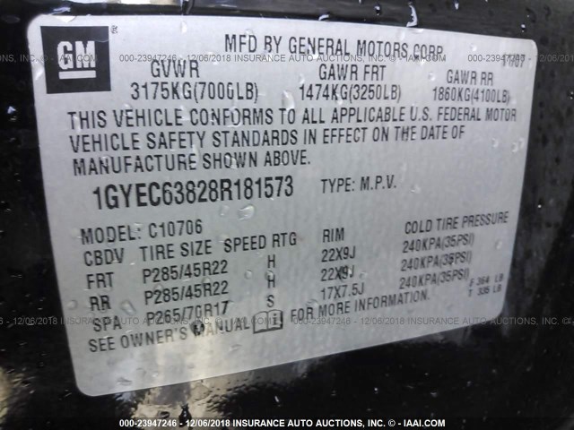 1GYEC63828R181573 - 2008 CADILLAC ESCALADE LUXURY BLACK photo 9