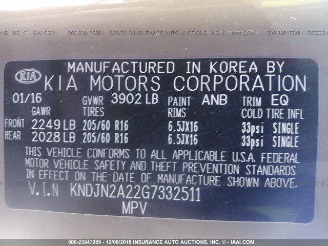 KNDJN2A22G7332511 - 2016 KIA SOUL BROWN photo 9