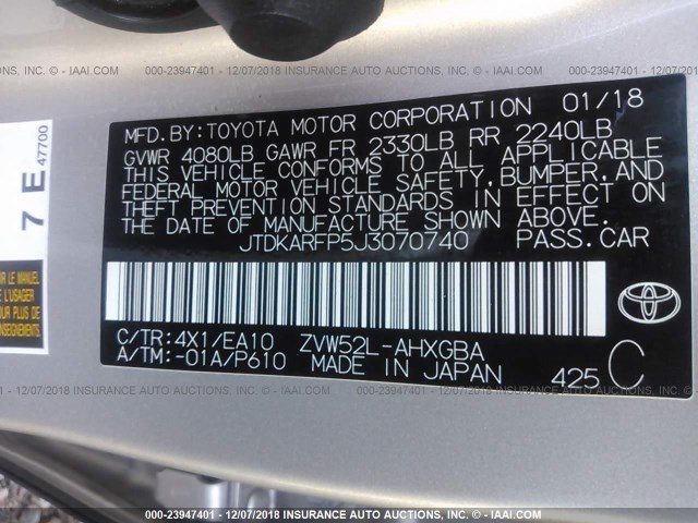 JTDKARFP5J3070740 - 2018 TOYOTA PRIUS PRIME  棕色 照片 9