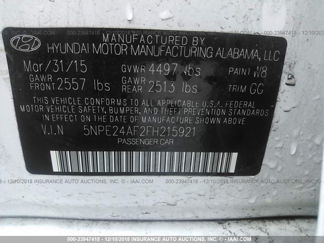 5NPE24AF2FH215921 - 2015 HYUNDAI SONATA SE WHITE photo 9