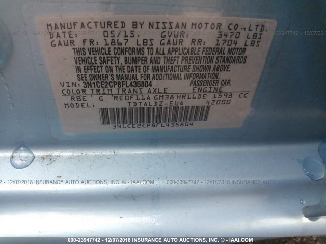 3N1CE2CP8FL435804 - 2015 NISSAN VERSA NOTE S/S PLUS/SV/SL/SR Light Blue photo 9