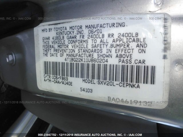 4T1BG22K11U860204 - 2001 TOYOTA CAMRY CE/LE/XLE SILVER photo 9